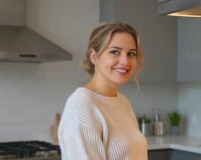 Ella , Smiling woman in a modern kitchen, representing the author of a blog post on how to optimize SEO